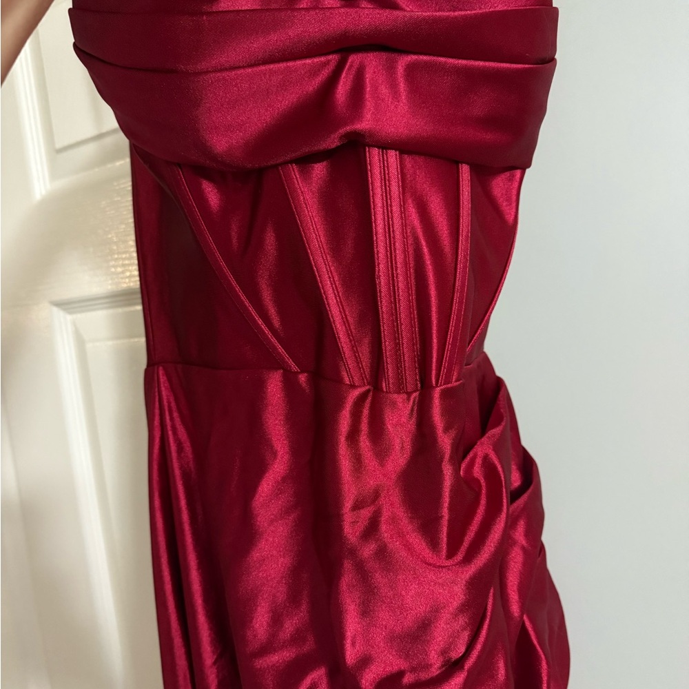 Nox Anabel red high split corset satin prom dress